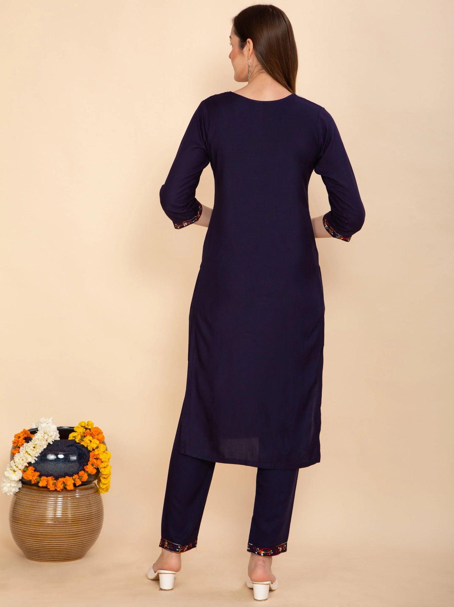 NAVY BLUE RAYON EMBROIDERED KURTA SET NAMOSTRI