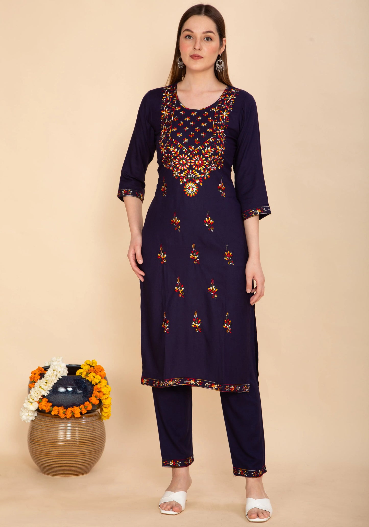 NAVY BLUE RAYON EMBROIDERED KURTA SET NAMOSTRI