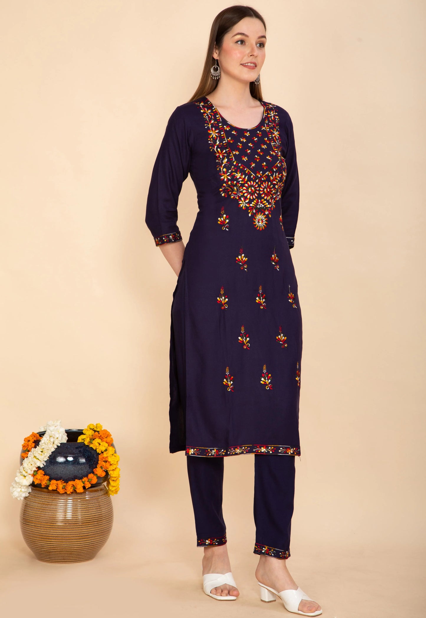NAVY BLUE RAYON EMBROIDERED KURTA SET NAMOSTRI