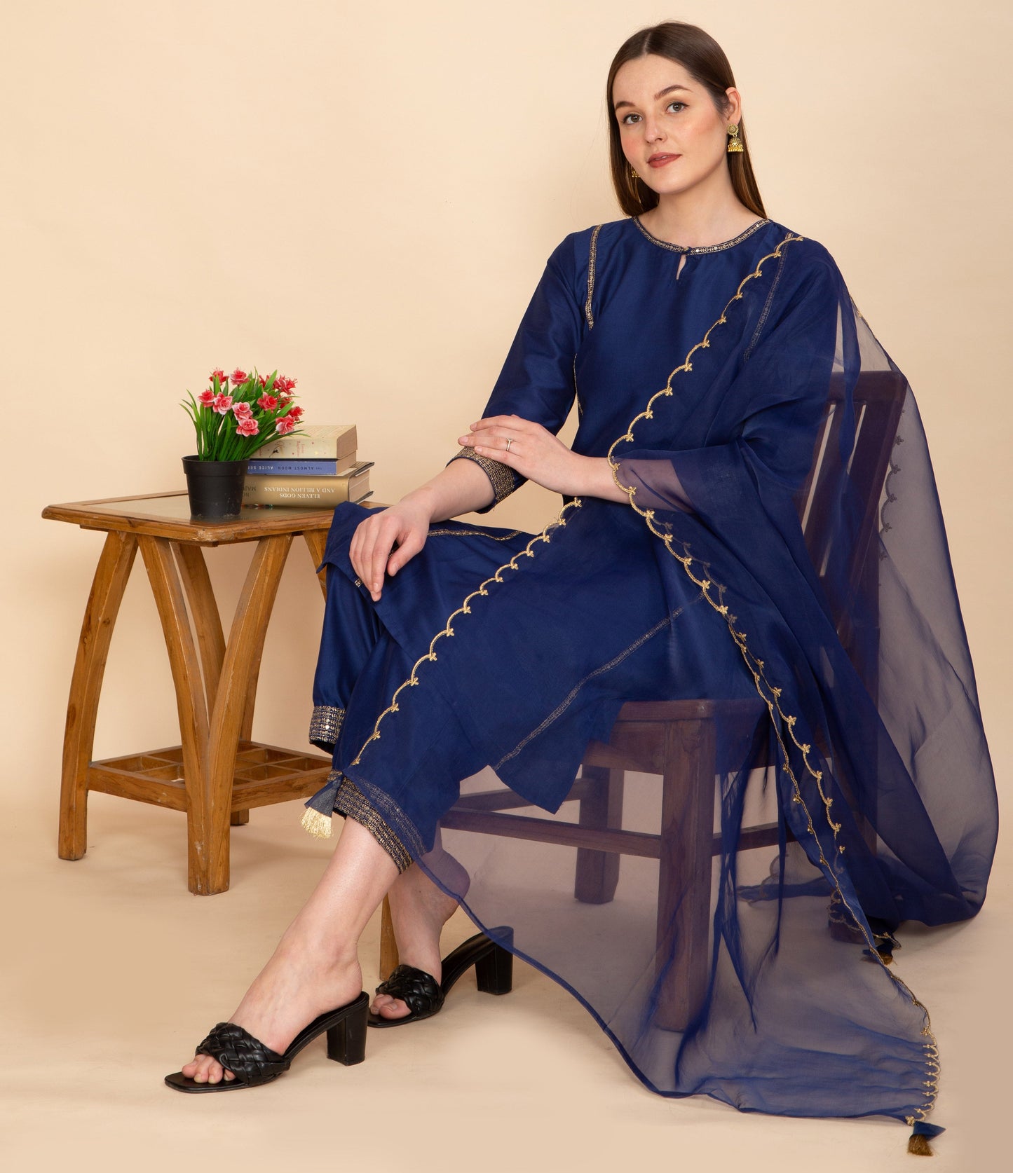 NAVY BLUE SILK BLEND SOLID STRAIGHT KURTA TOURSERS WITH DUPATTA NAMOSTRI