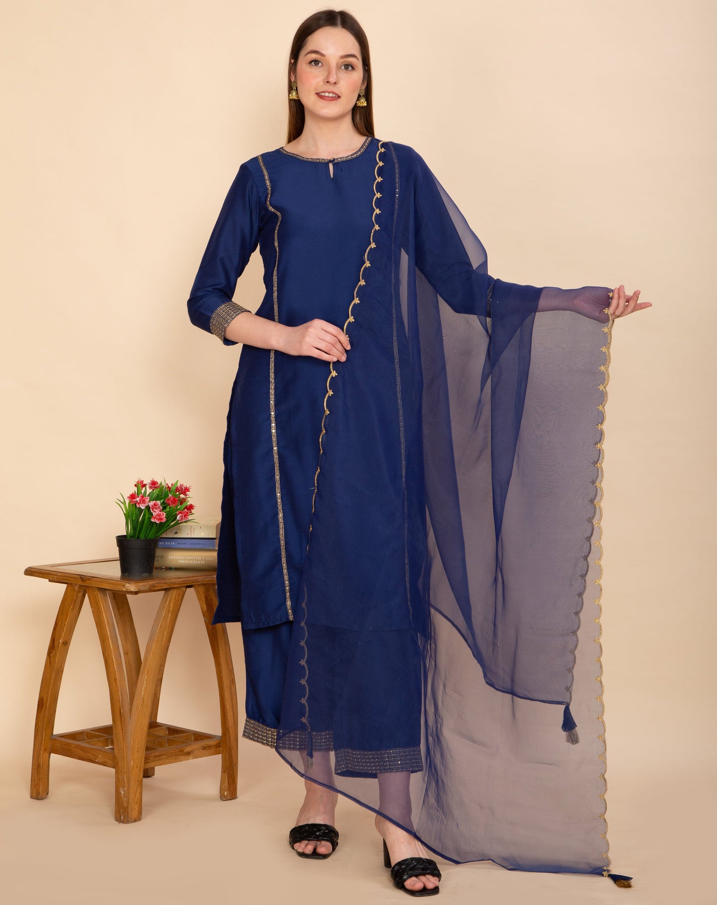 NAVY BLUE SILK BLEND SOLID STRAIGHT KURTA TOURSERS WITH DUPATTA NAMOSTRI