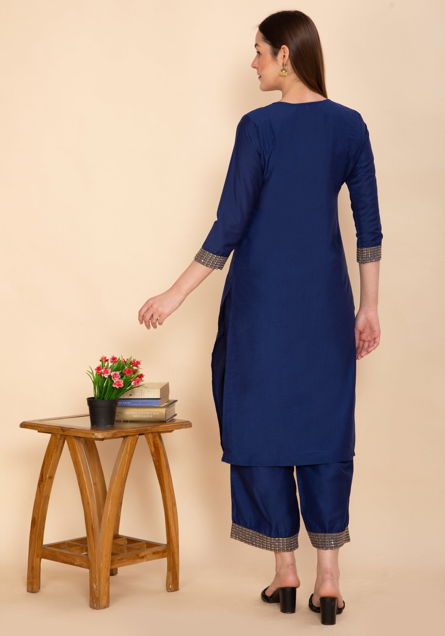 NAVY BLUE SILK BLEND SOLID STRAIGHT KURTA TOURSERS WITH DUPATTA NAMOSTRI