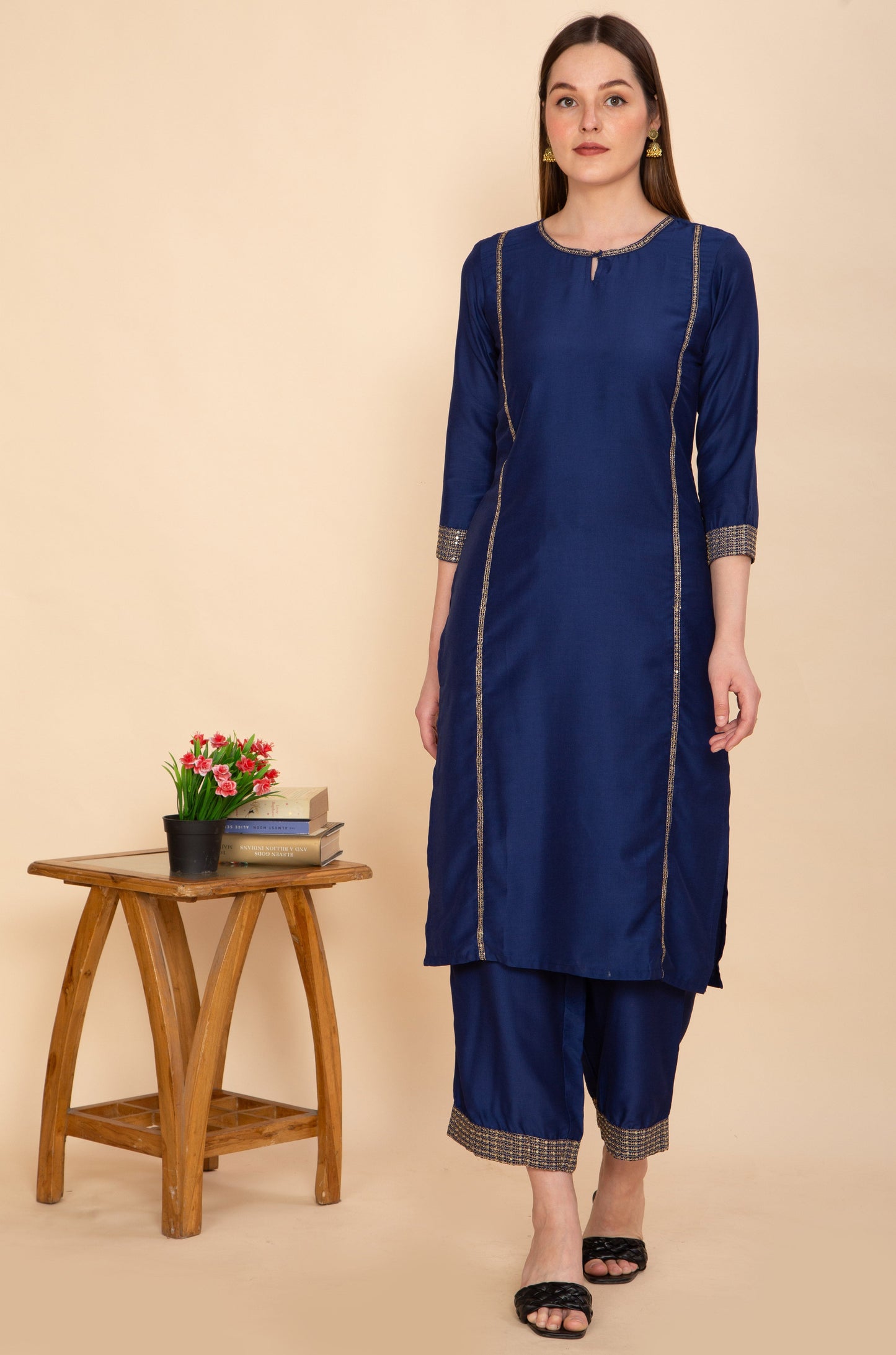 NAVY BLUE SILK BLEND SOLID STRAIGHT KURTA TOURSERS WITH DUPATTA NAMOSTRI