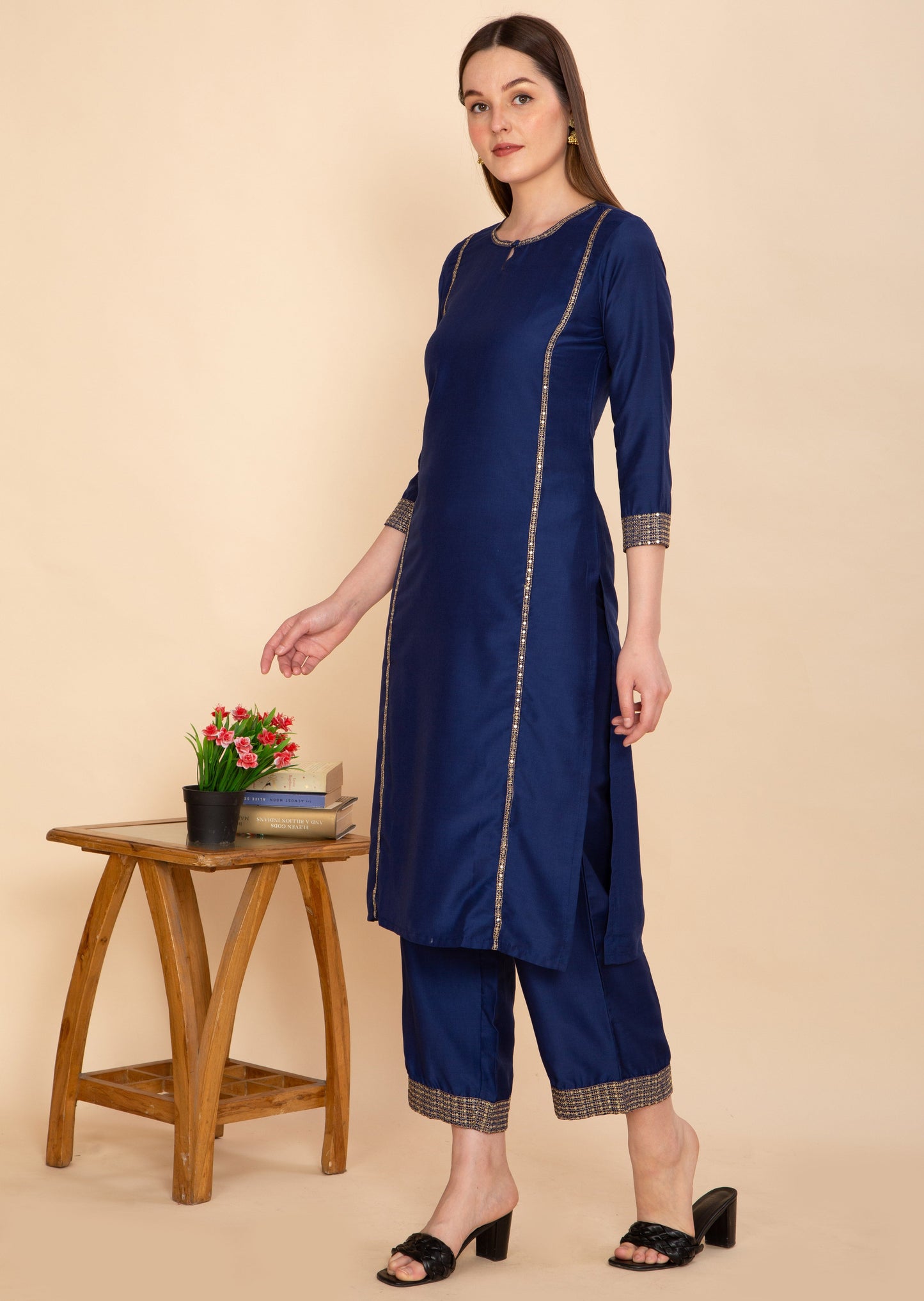 NAVY BLUE SILK BLEND SOLID STRAIGHT KURTA TOURSERS WITH DUPATTA NAMOSTRI
