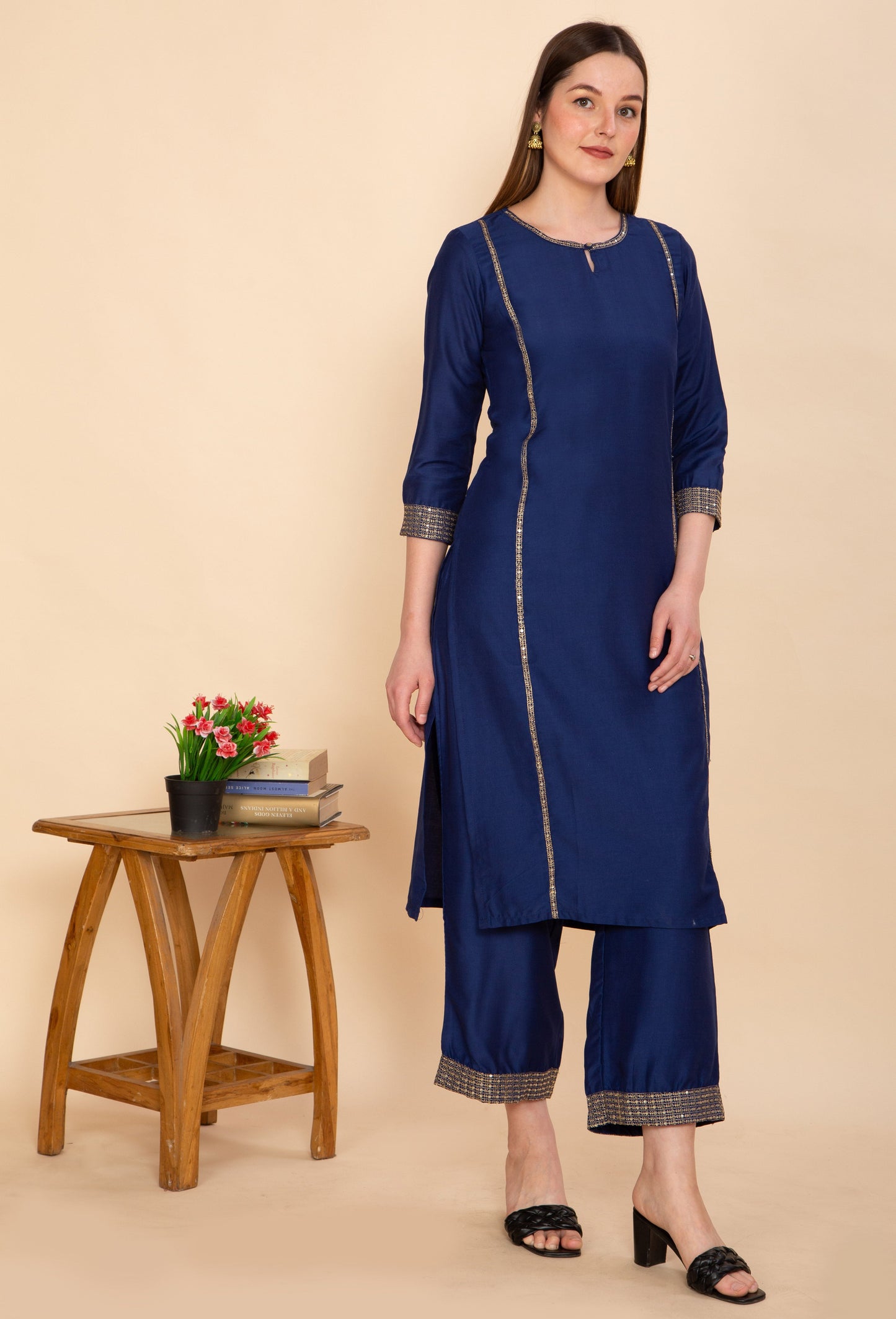 NAVY BLUE SILK BLEND SOLID STRAIGHT KURTA TOURSERS WITH DUPATTA NAMOSTRI