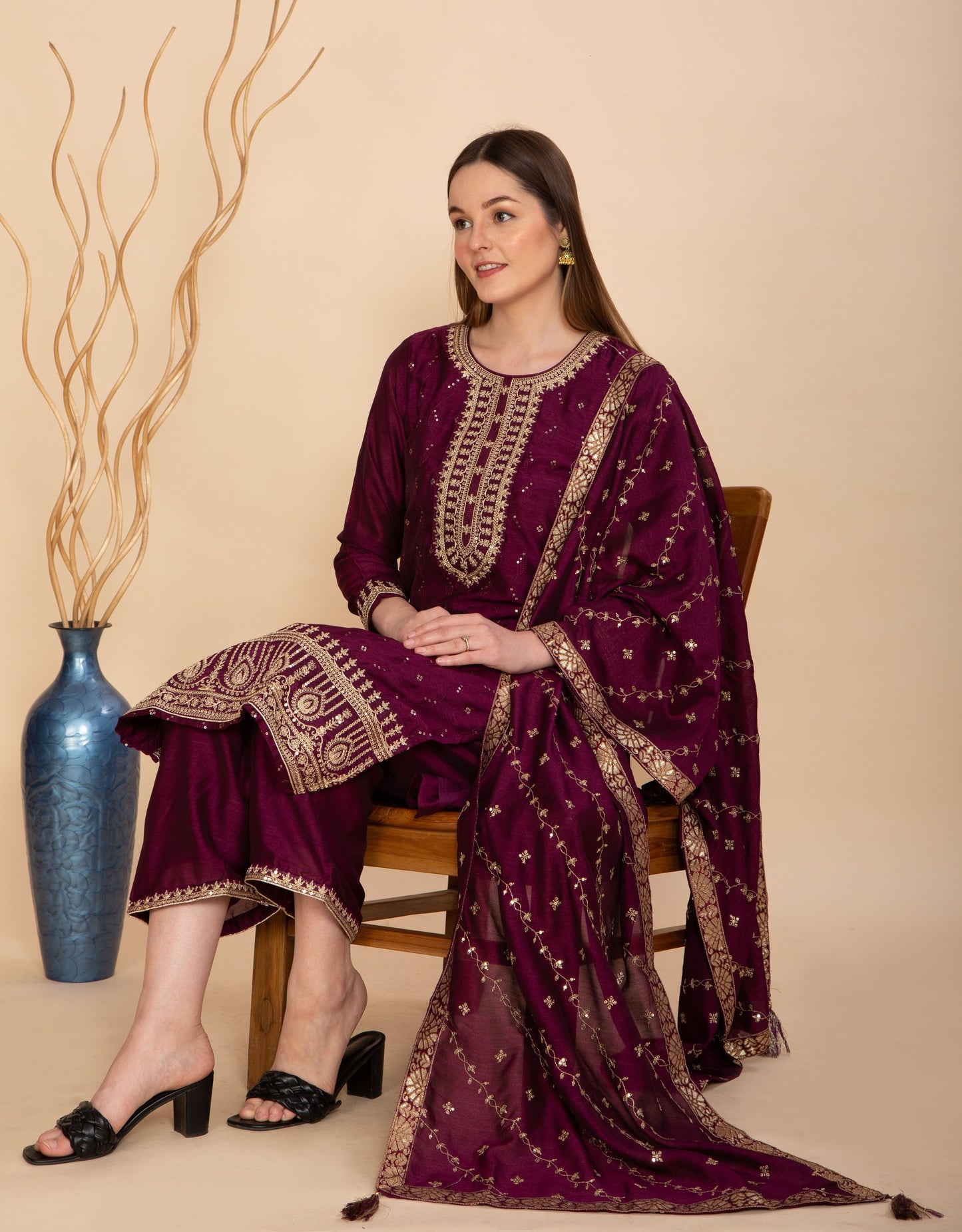 SILK BLEND WINE EMBROIDERED STRAIGHT SUIT SET NAMOSTRI