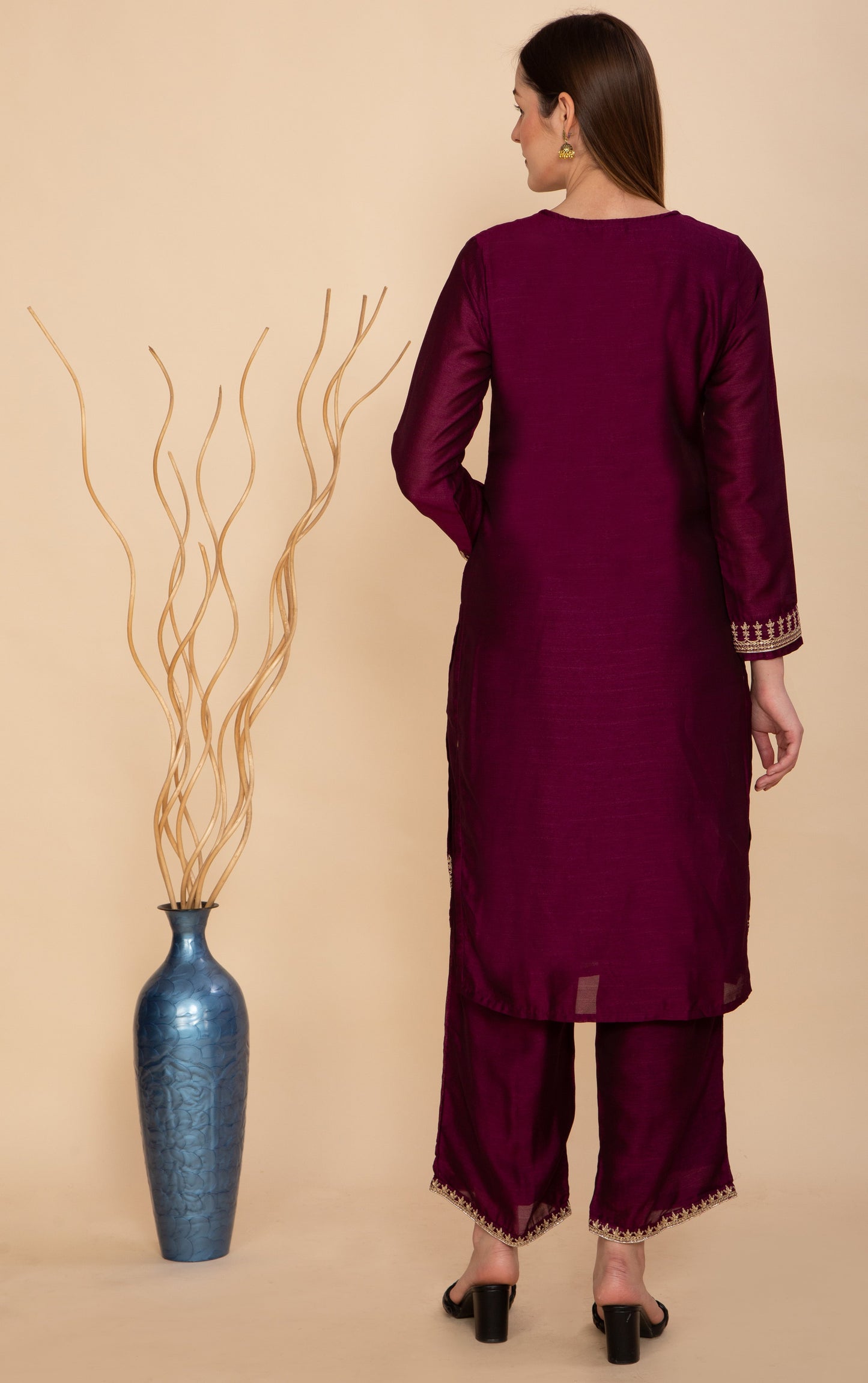 SILK BLEND WINE EMBROIDERED STRAIGHT SUIT SET NAMOSTRI