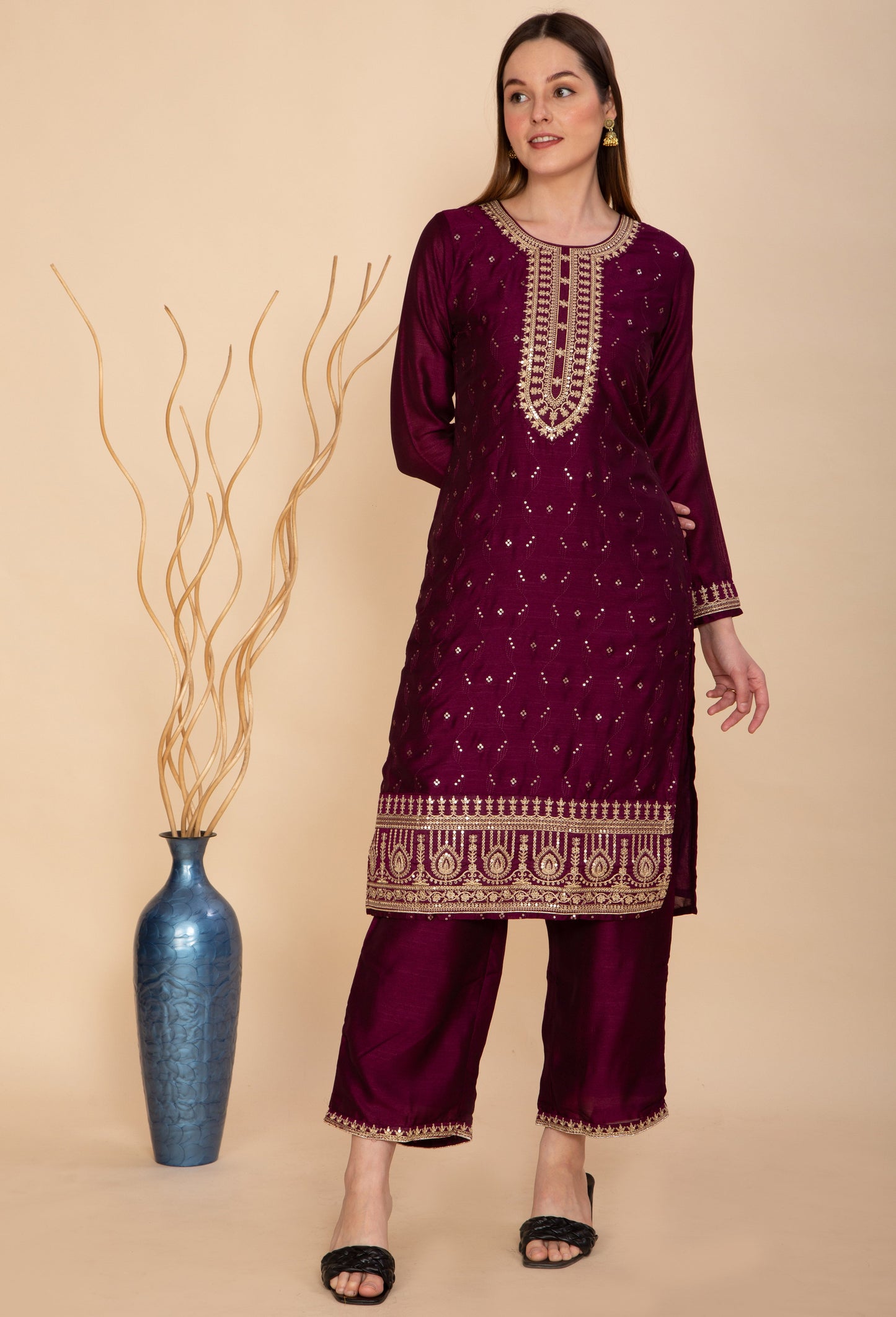 SILK BLEND WINE EMBROIDERED STRAIGHT SUIT SET NAMOSTRI