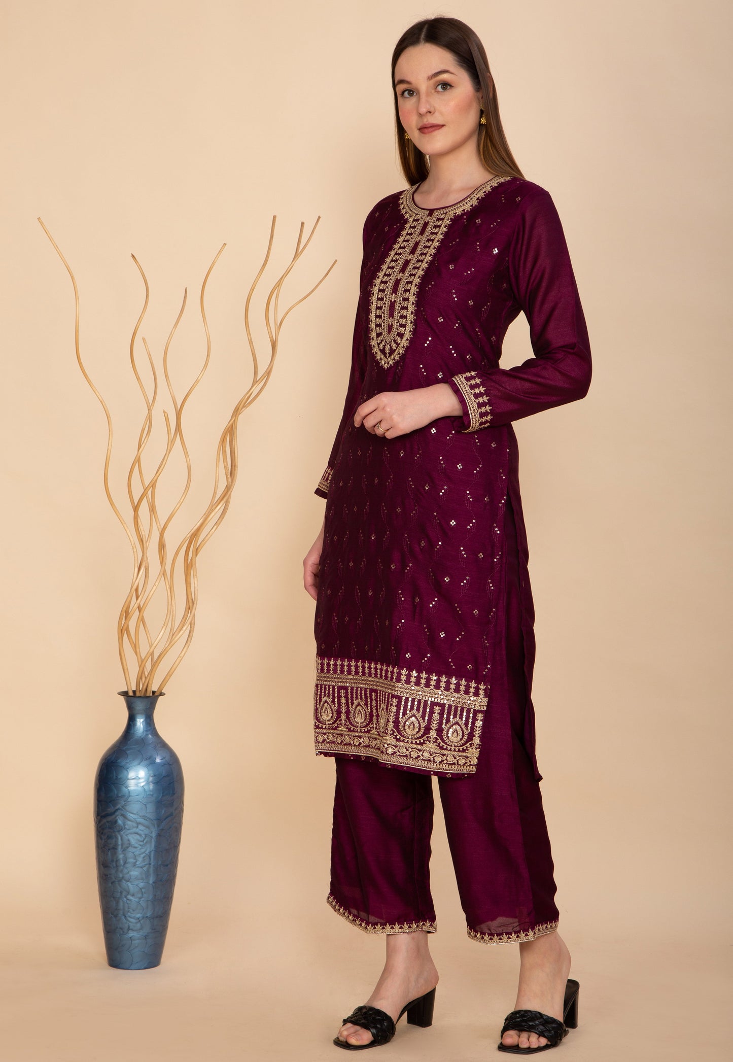SILK BLEND WINE EMBROIDERED STRAIGHT SUIT SET NAMOSTRI
