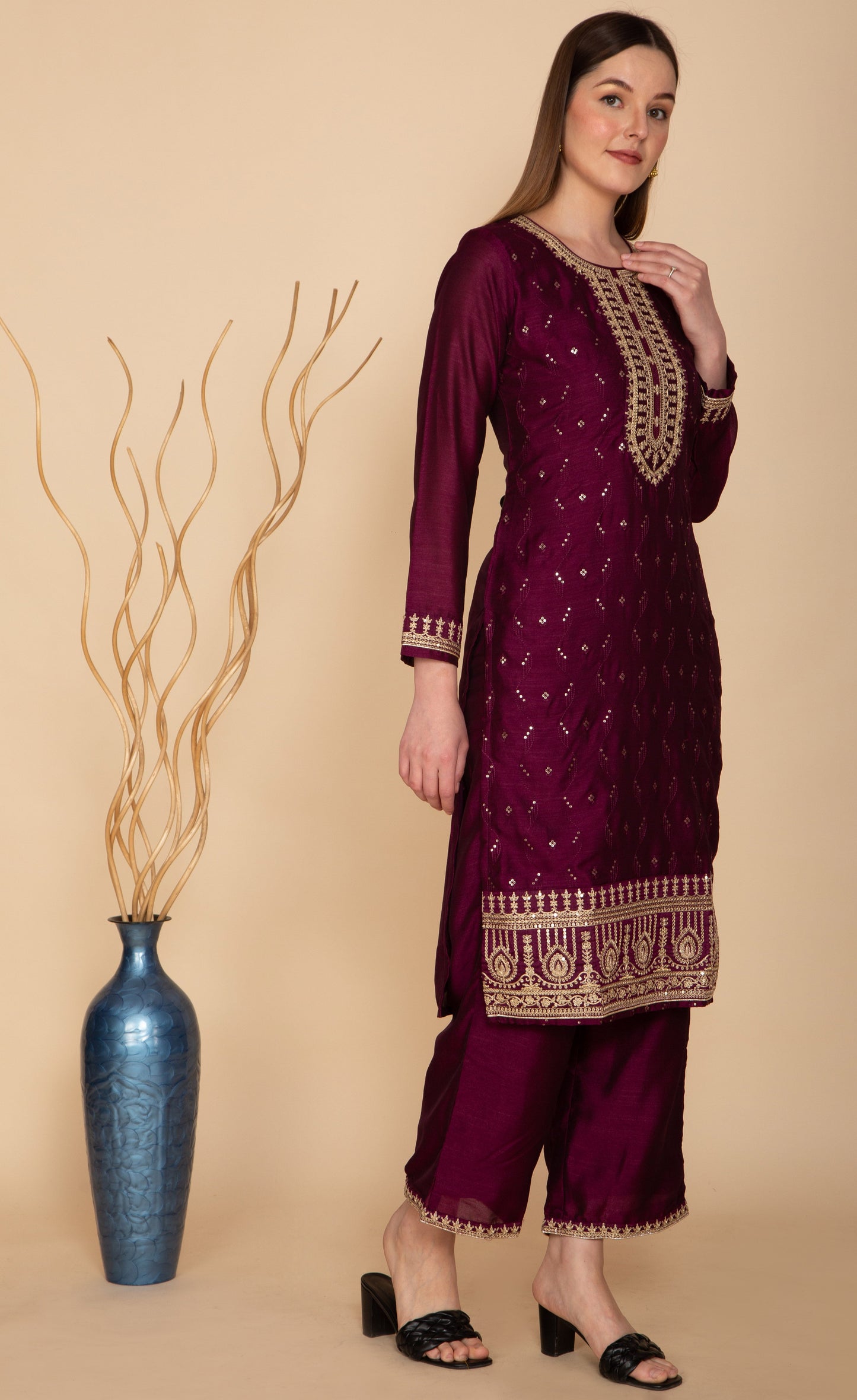 SILK BLEND WINE EMBROIDERED STRAIGHT SUIT SET NAMOSTRI