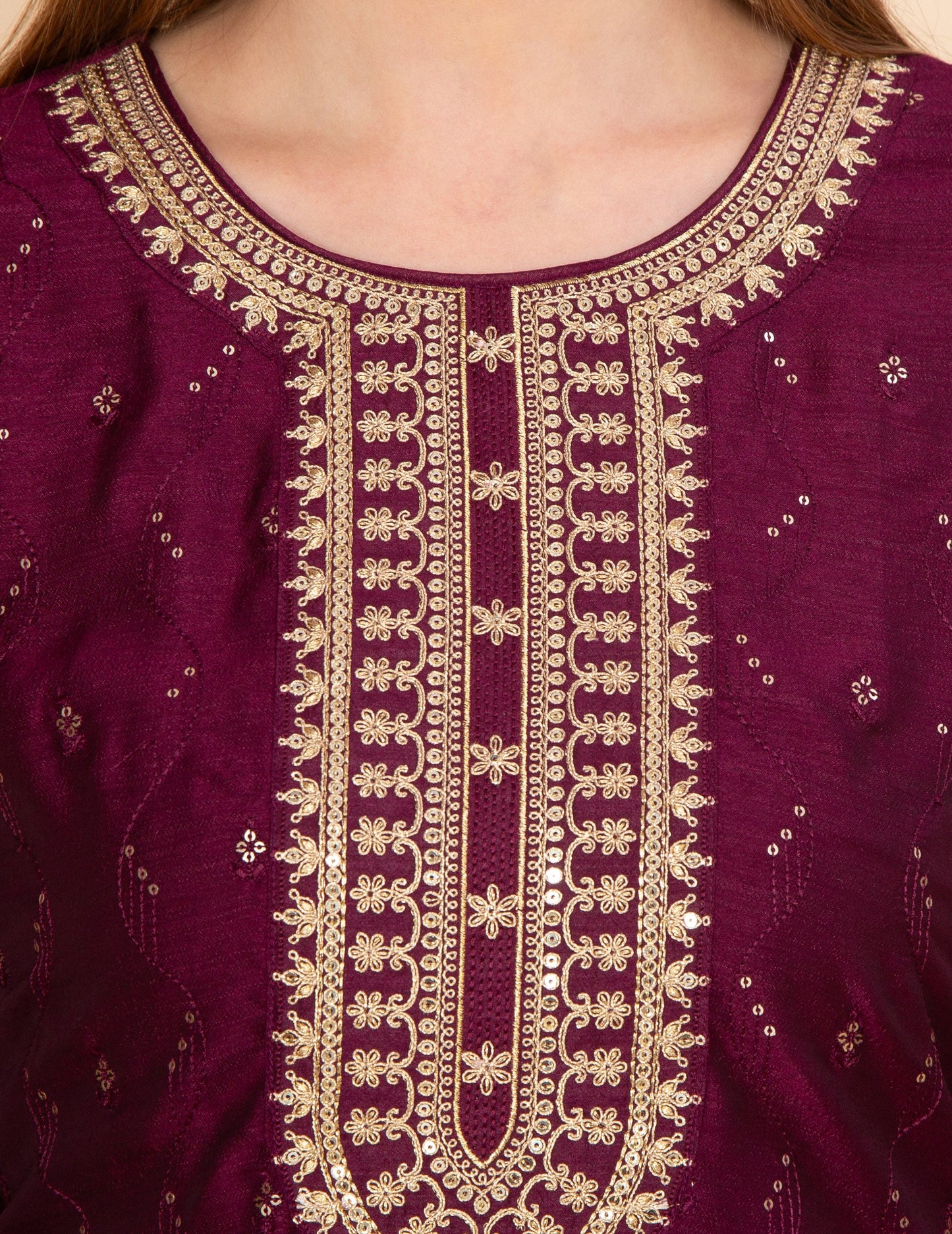 SILK BLEND WINE EMBROIDERED STRAIGHT SUIT SET NAMOSTRI