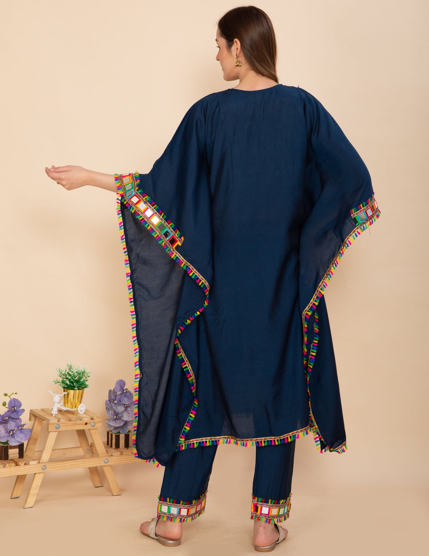 NAVY BLUE KAFTAN SET WITH MULTICOLOR MIRROR WORK NAMOSTRI