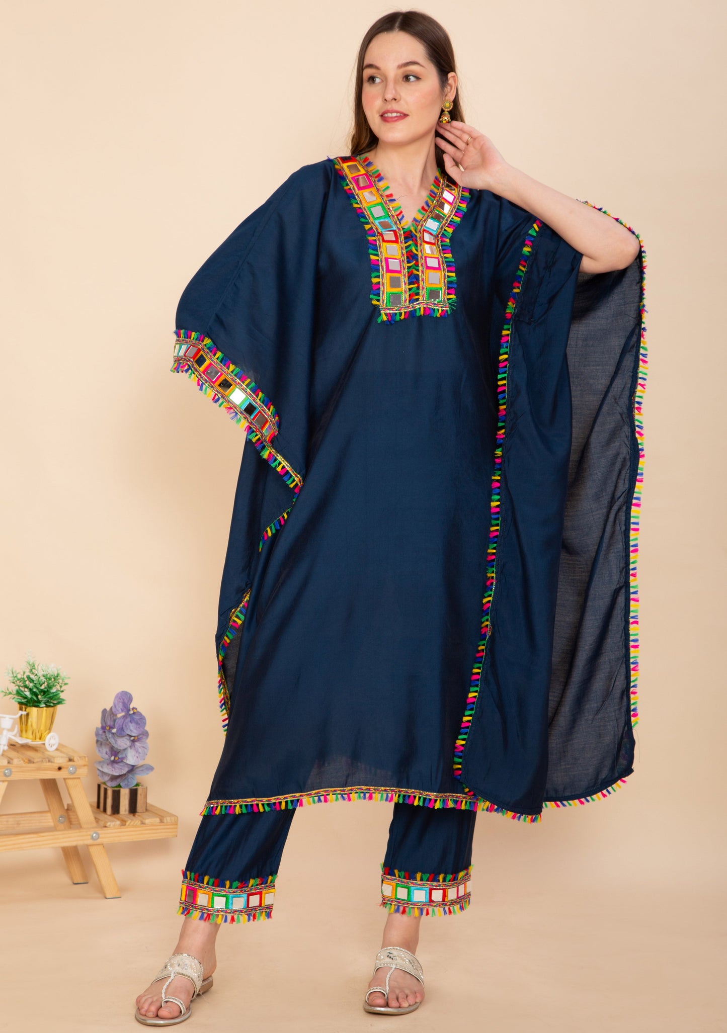 NAVY BLUE KAFTAN SET WITH MULTICOLOR MIRROR WORK NAMOSTRI