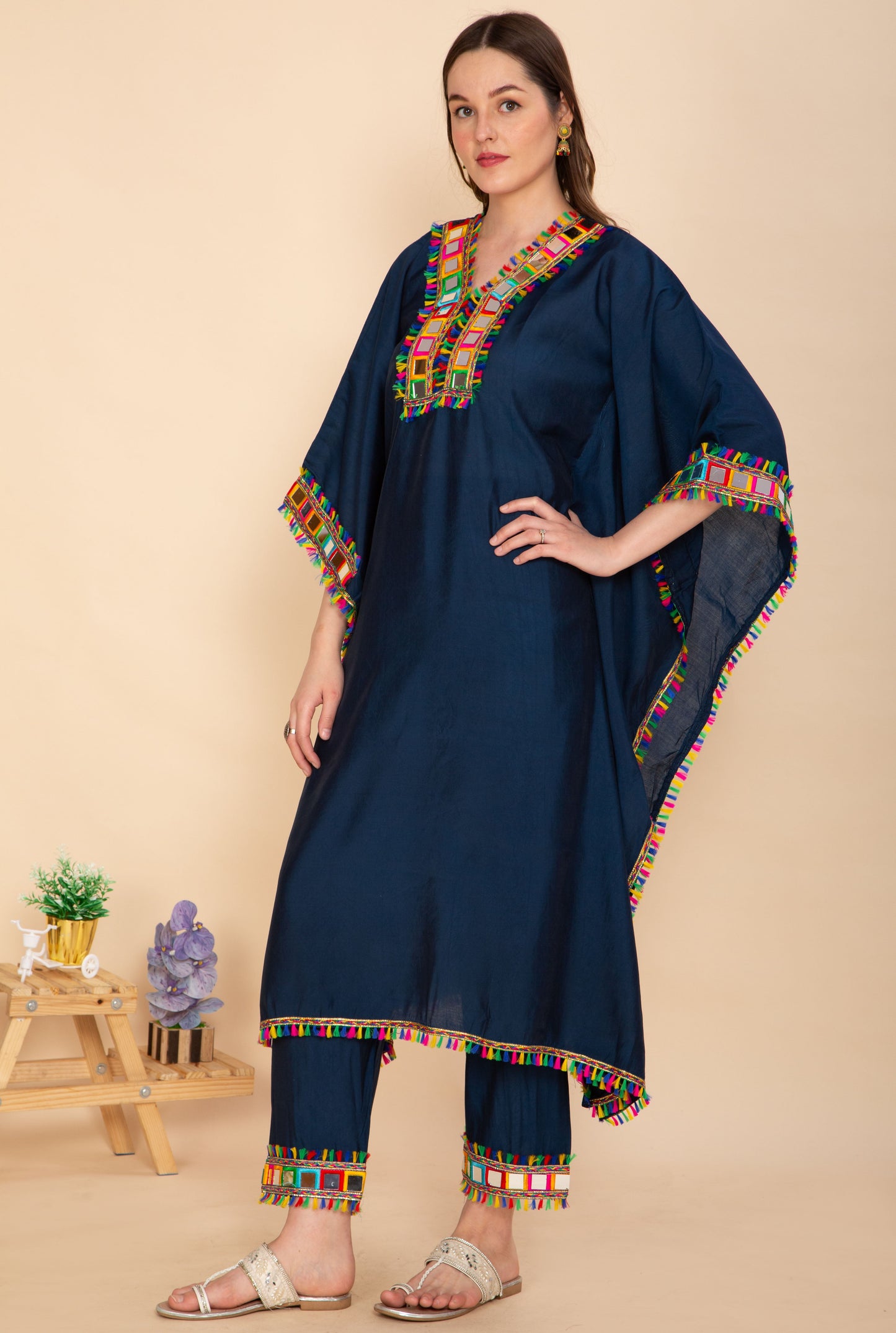 NAVY BLUE KAFTAN SET WITH MULTICOLOR MIRROR WORK NAMOSTRI