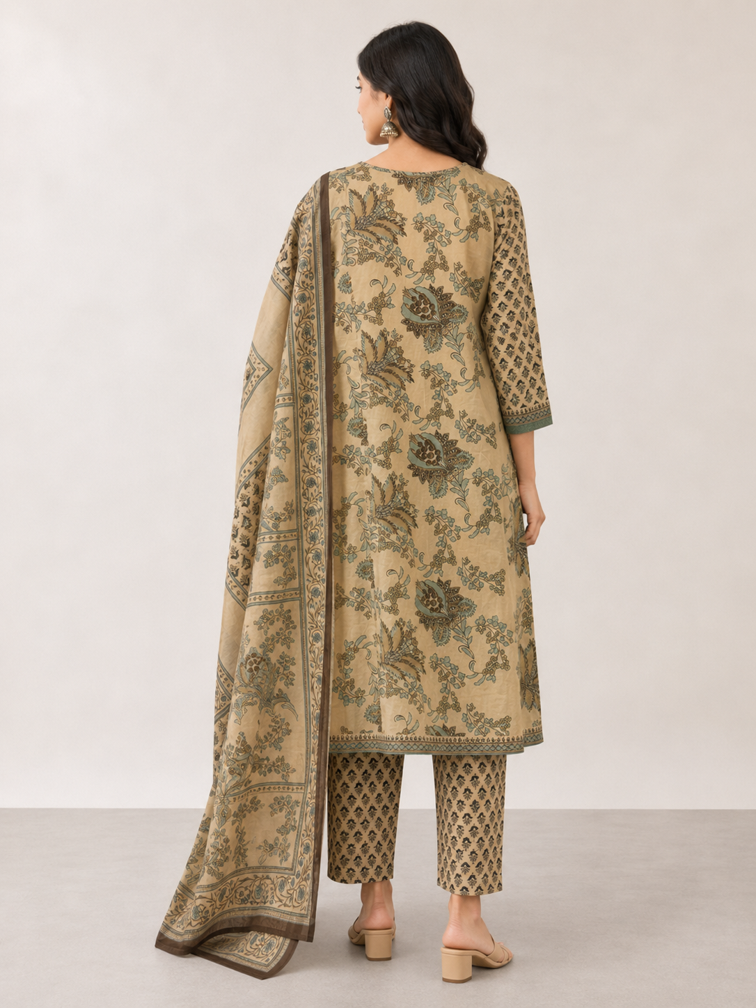 Beige Aura Printed Anarkali Suit Set