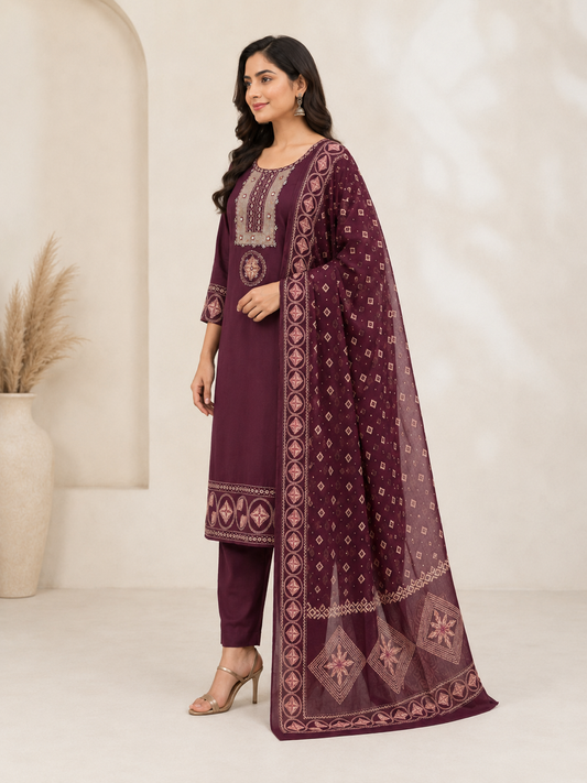 Plum Heritage Straight Suit Set