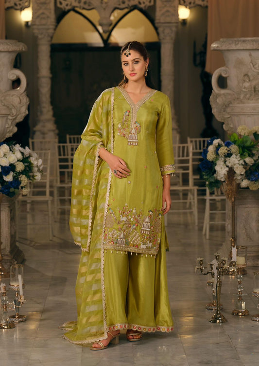 Olive Green Embroidered Chanderi Suit Set