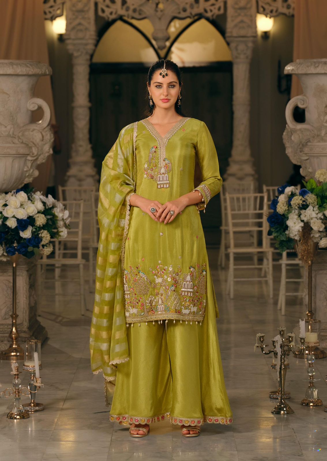 Olive Green Embroidered Chanderi Suit Set