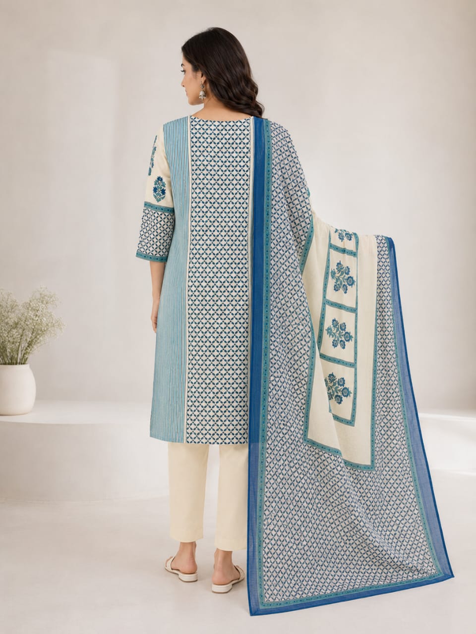 White Blue Florral Printed Suit Set