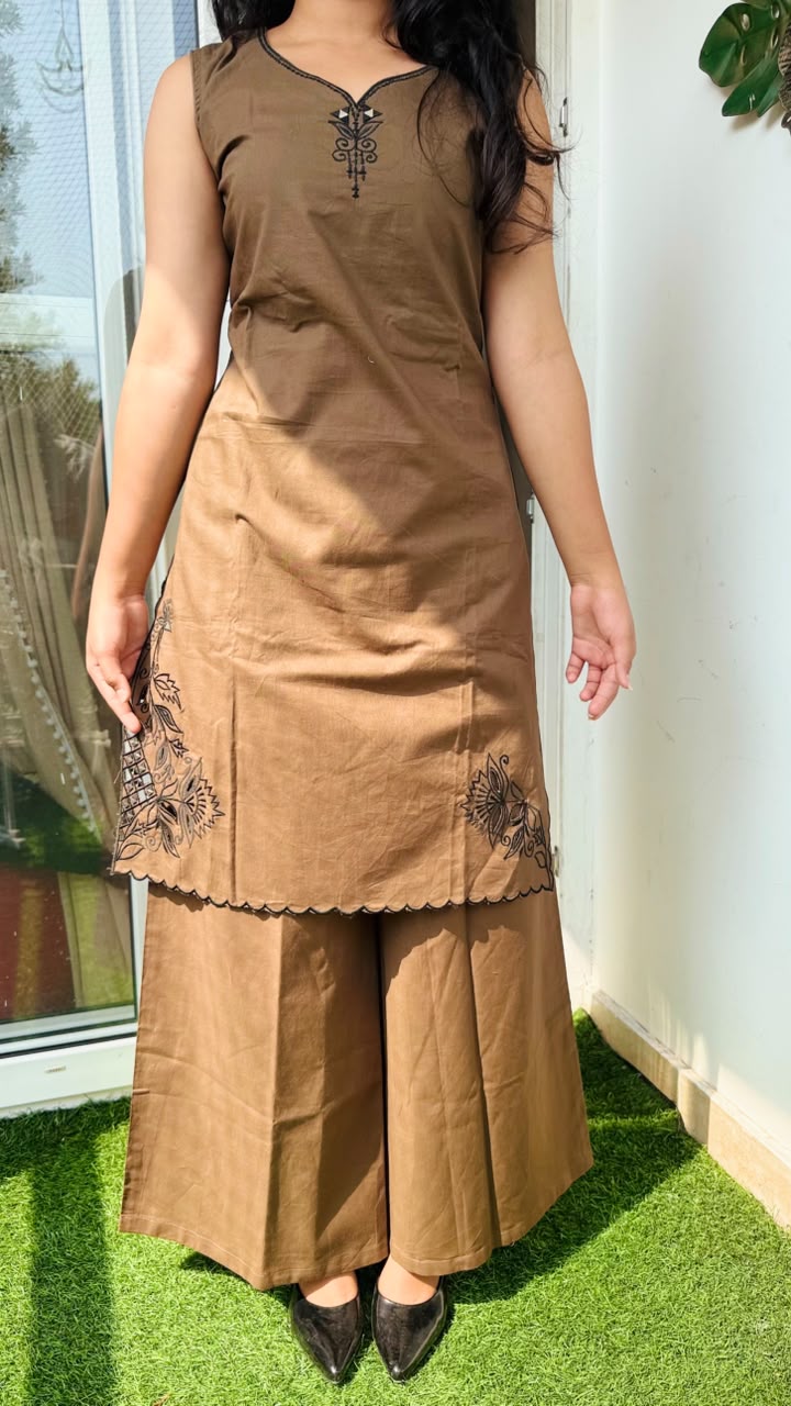 Coffee Brown Embroidered Kurta Palazzo Suit Set