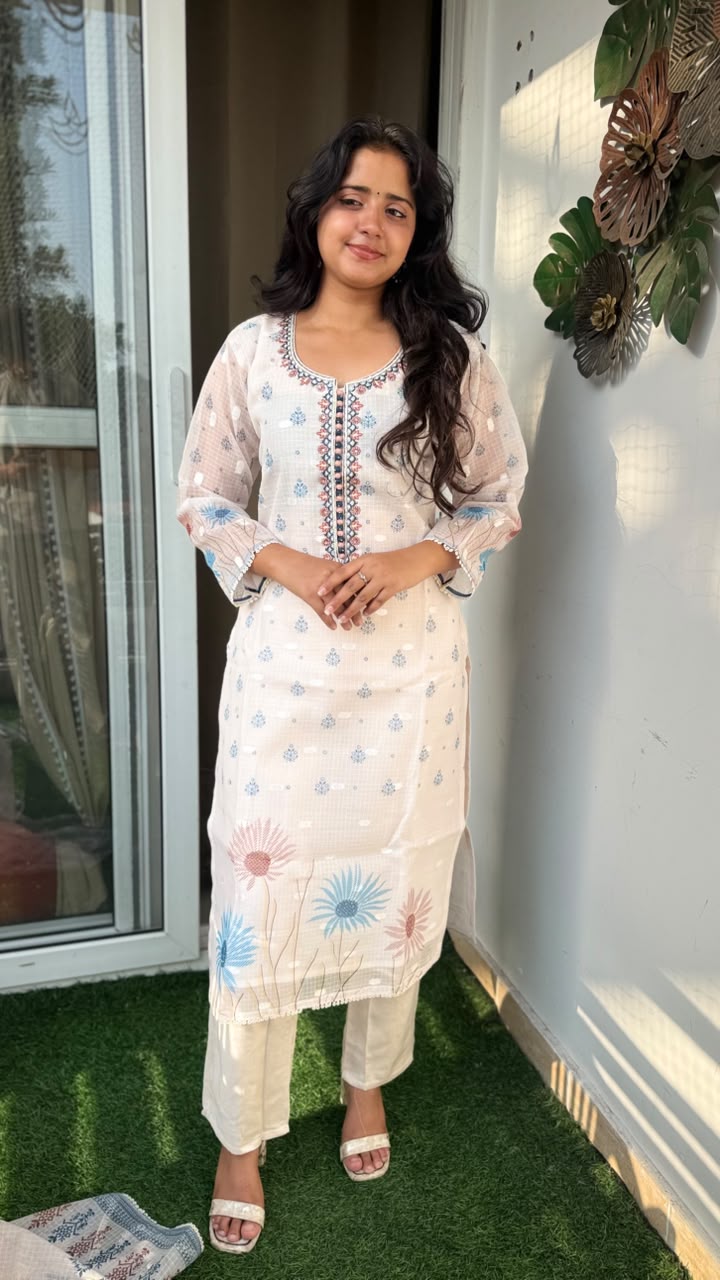Off-White Floral Embroidered Kota Doria Suit Set