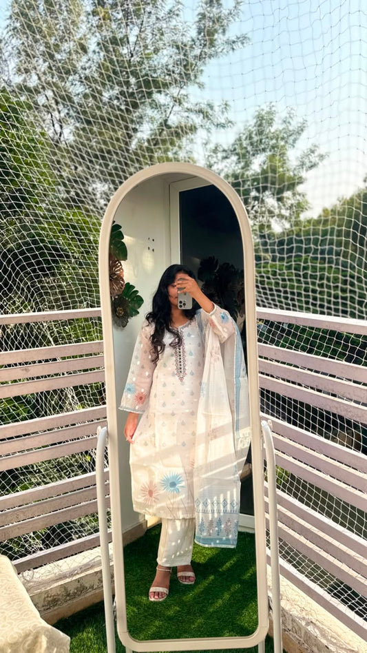 Off-White Floral Embroidered Kota Doria Suit Set