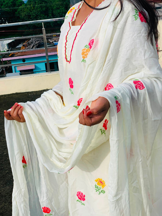 White Floral Embroidered Suit Set