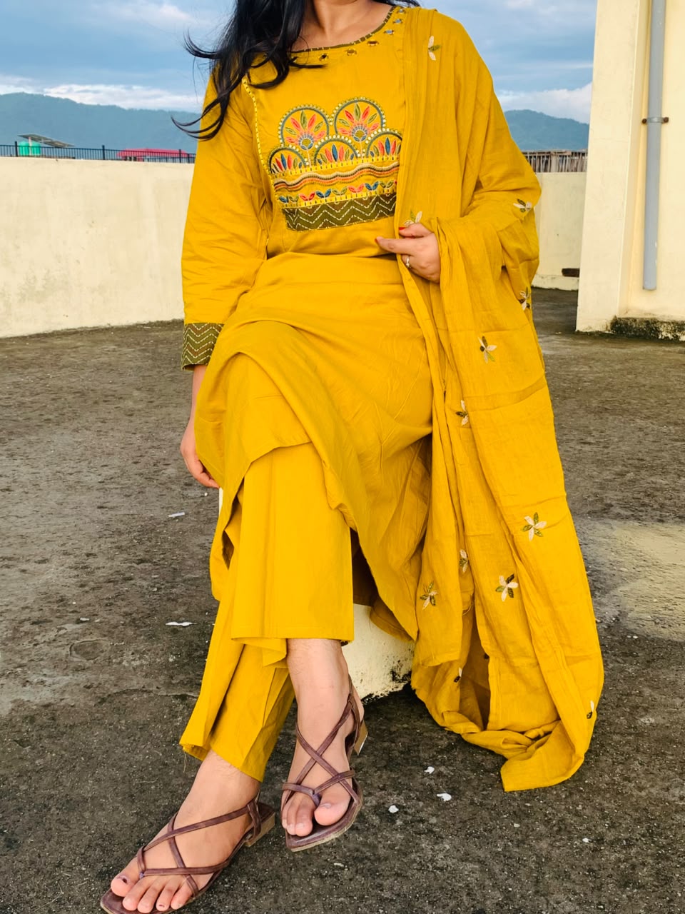 Mustard Yellow A Line Embroidered Suit Set