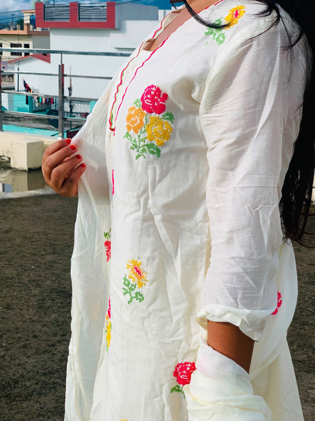 White Floral Embroidered Suit Set