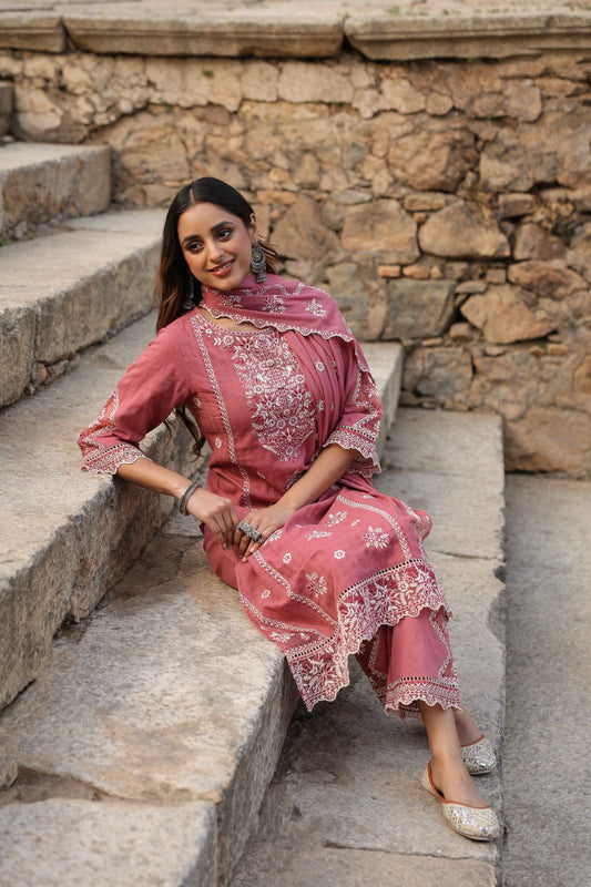Peach cotton lace embroidered suit set