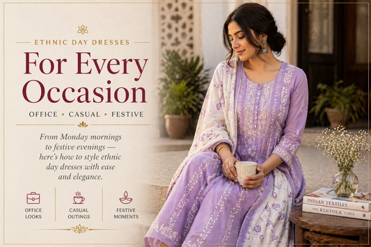 Stylish woman wearing a lavender embroidered ethnic day dress with dupatta, seated in a serene courtyard, representing office, casual, and festive Indian outfit styling.