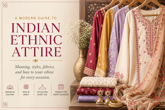 Elegant editorial banner showing embroidered Indian ethnic outfits in maroon, mustard, lavender, and ivory hanging on wooden hangers beside folded fabrics and jewellery, representing traditional Indian attire.