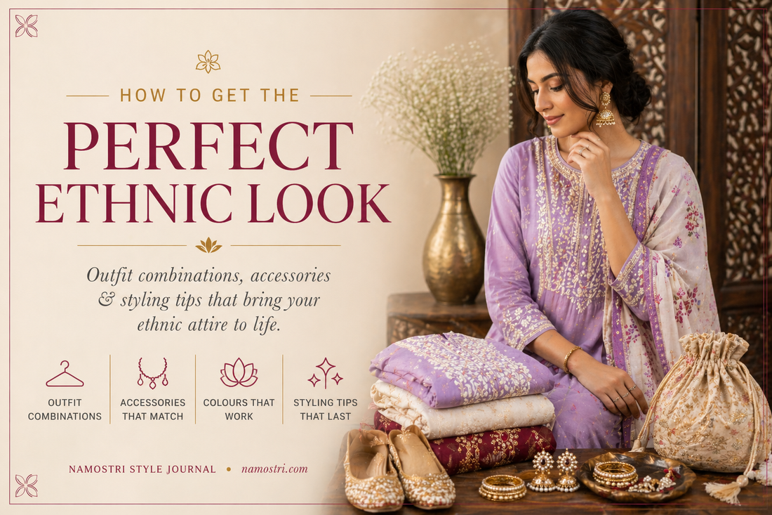 Perfect ethnic look blog banner featuring a stylish woman in a lavender embroidered ethnic outfit with jewellery, folded garments, and accessories, highlighting outfit combinations, colours, and styling tips for Indian ethnic wear.
