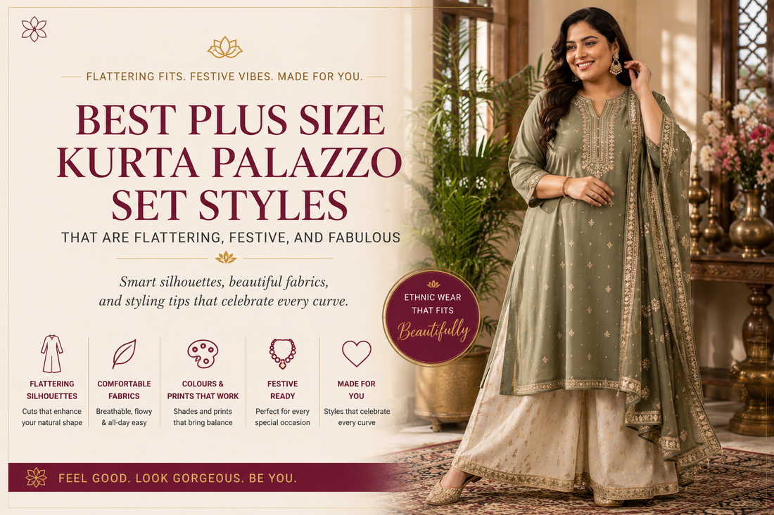 Plus-size woman wearing a sage green embroidered kurta palazzo set with dupatta in an elegant traditional interior, showcasing flattering ethnic wear styles, comfortable fabrics, and festive fashion for curvy women.