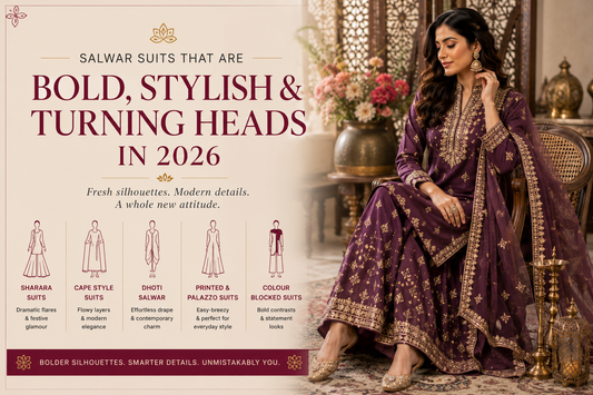 Editorial fashion blog cover featuring a woman in a deep maroon embroidered salwar suit seated in a luxurious traditional setting, highlighting bold salwar suit trends, sharara styles, cape silhouettes, and modern ethnic fashion for 2026.