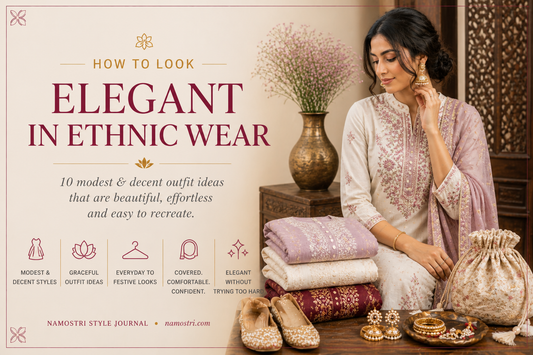 Elegant ethnic wear blog cover featuring a woman in a cream embroidered suit with dupatta, styled with jewellery and accessories, highlighting modest outfit ideas for everyday, office, and festive occasions.