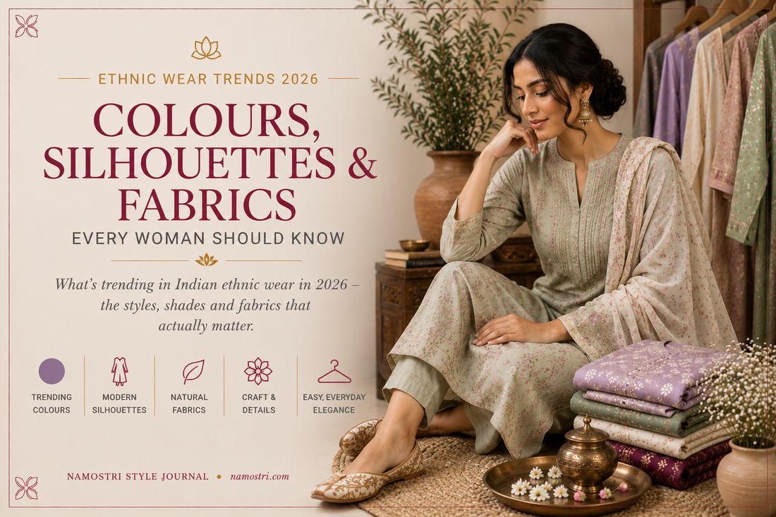 Editorial ethnic fashion blog cover featuring a woman in a sage green embroidered suit seated beside folded pastel outfits and handcrafted accessories, highlighting 2026 Indian ethnic wear trends in colours, silhouettes, and fabrics.