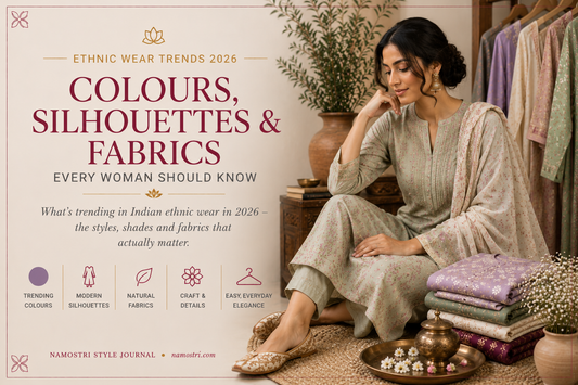 Editorial ethnic fashion blog cover featuring a woman in a sage green embroidered suit seated beside folded pastel outfits and handcrafted accessories, highlighting 2026 Indian ethnic wear trends in colours, silhouettes, and fabrics.