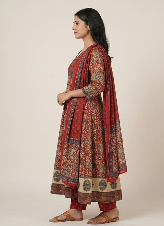 Maroon Ajrakh Regal Angrakha-Anarkali Suit Set