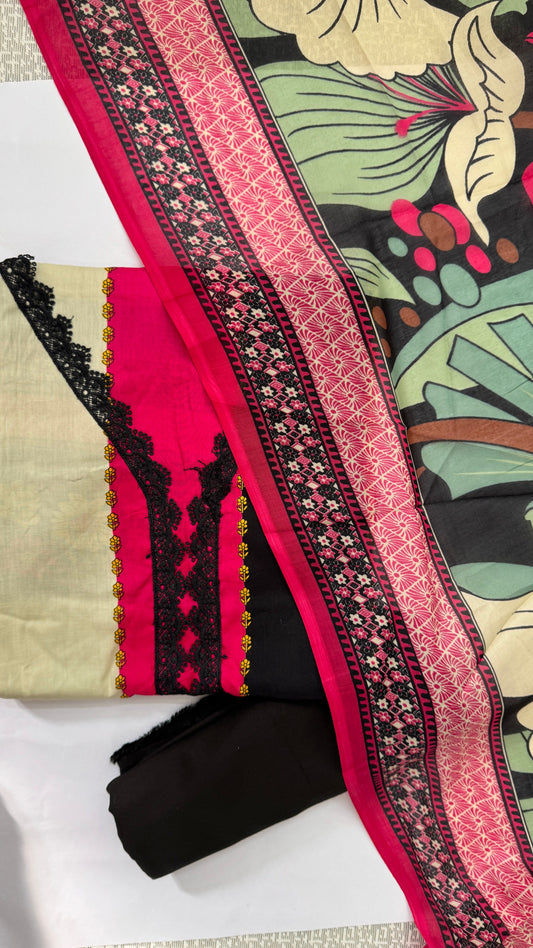Hot Pink & Beige Printed Jaam Cotton Unstitched Suit Set Namostri