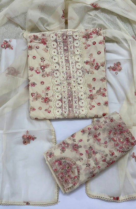Ivory Off white Cotton Embroidered Unstitched Suit  Set Namostri
