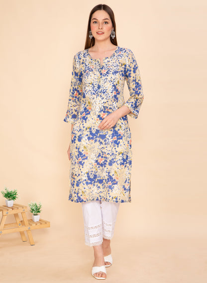 CLASSIC BLUE PRINTED CHIKANKARI COTTON KURTA NAMOSTRI