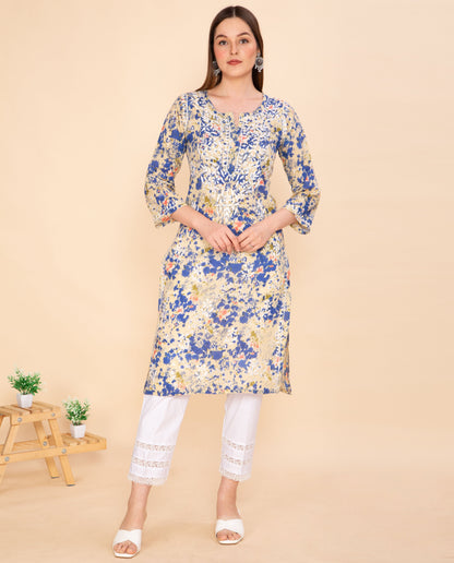 CLASSIC BLUE PRINTED CHIKANKARI COTTON KURTA NAMOSTRI