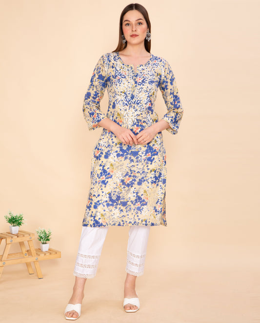 CLASSIC BLUE PRINTED CHIKANKARI COTTON KURTA NAMOSTRI