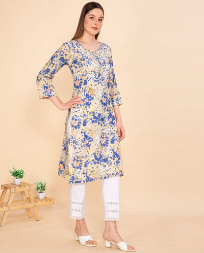 CLASSIC BLUE PRINTED CHIKANKARI COTTON KURTA NAMOSTRI