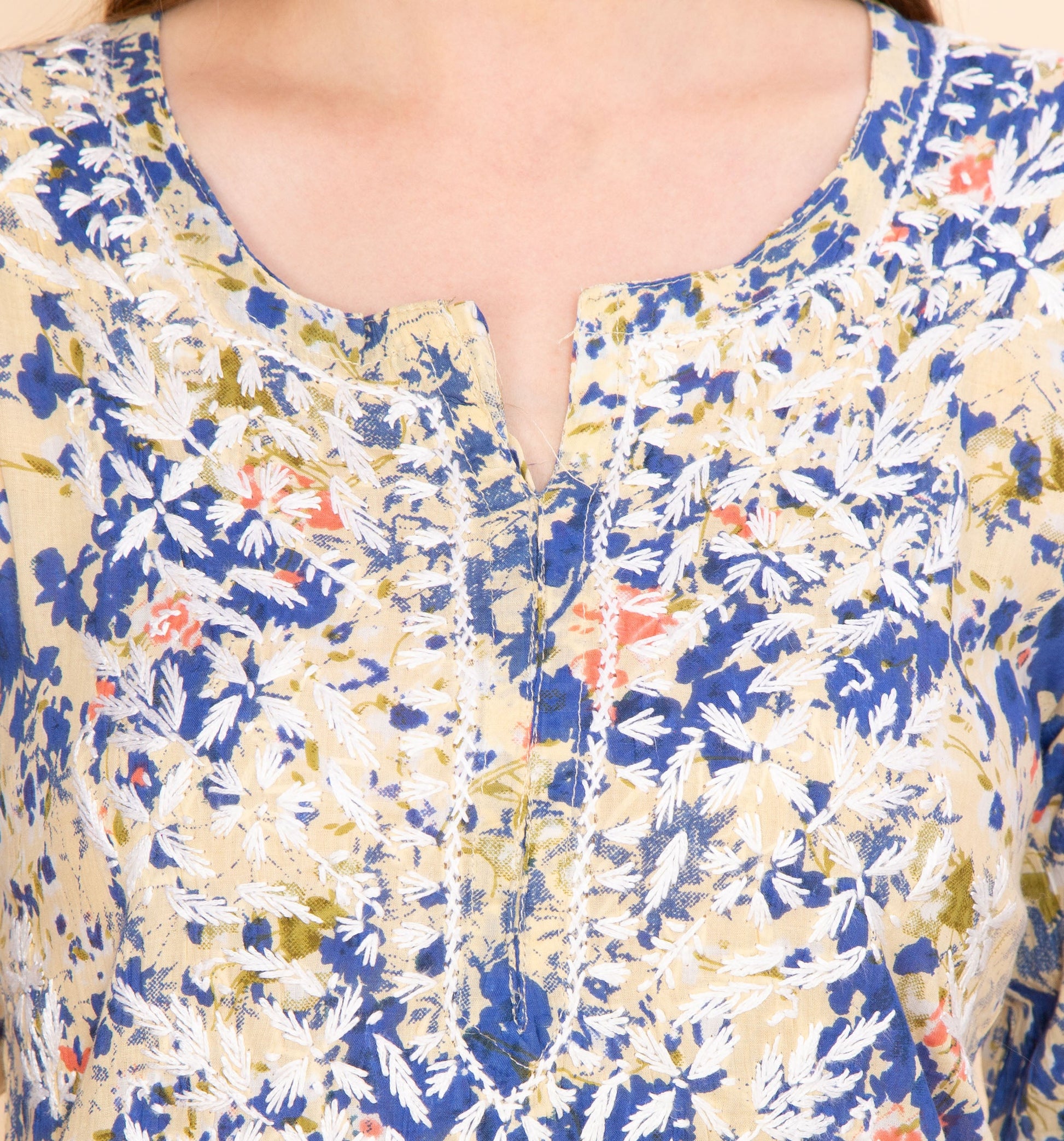 CLASSIC BLUE PRINTED CHIKANKARI COTTON KURTA NAMOSTRI