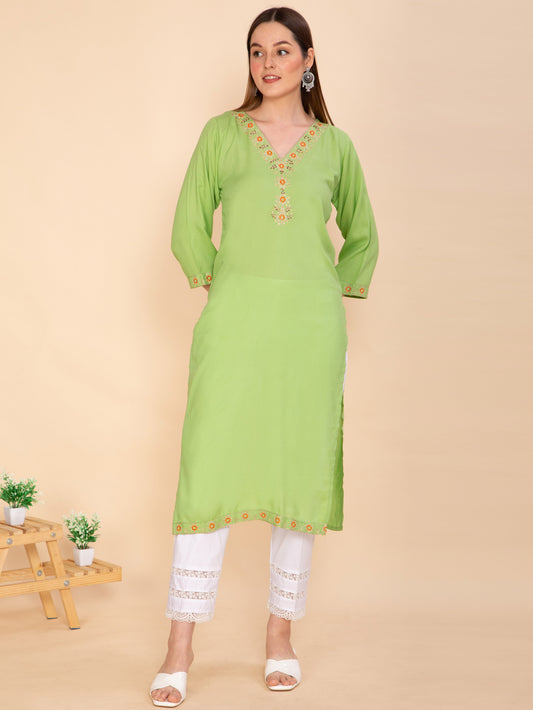 GREEN RAYON EMBELLISHED STRAIGHT KURTA NAMOSTRI