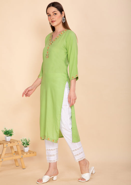 GREEN RAYON EMBELLISHED STRAIGHT KURTA NAMOSTRI