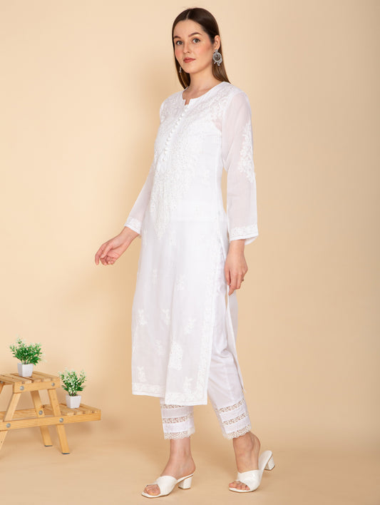 WHITE ORGANDY COTTON CHIKANKARI KURTA NAMOSTRI
