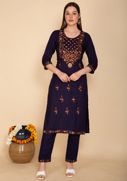 NAVY BLUE RAYON EMBROIDERED KURTA SET NAMOSTRI